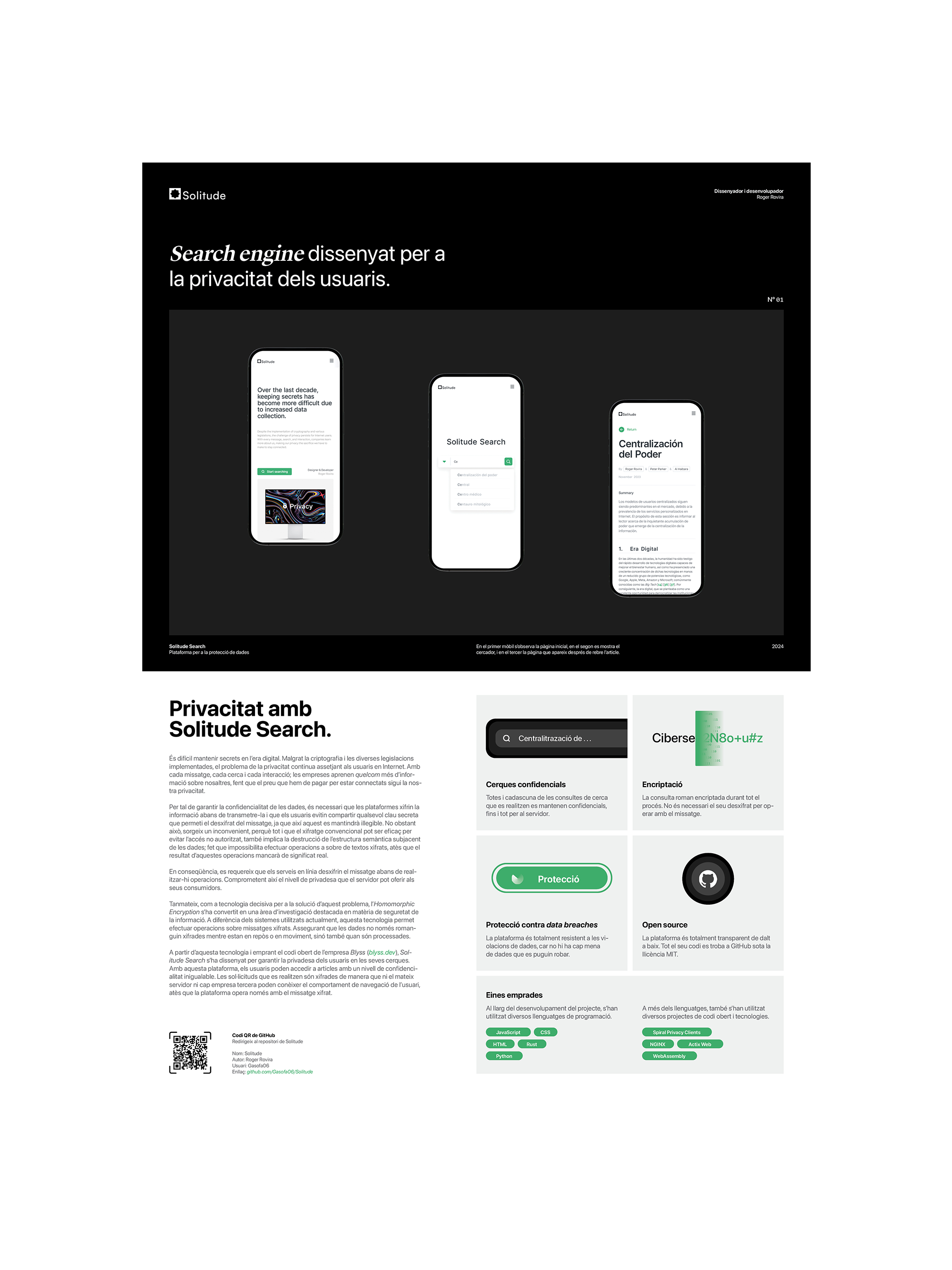 Poster presenting Solitude Search, its privacy features and the tools used